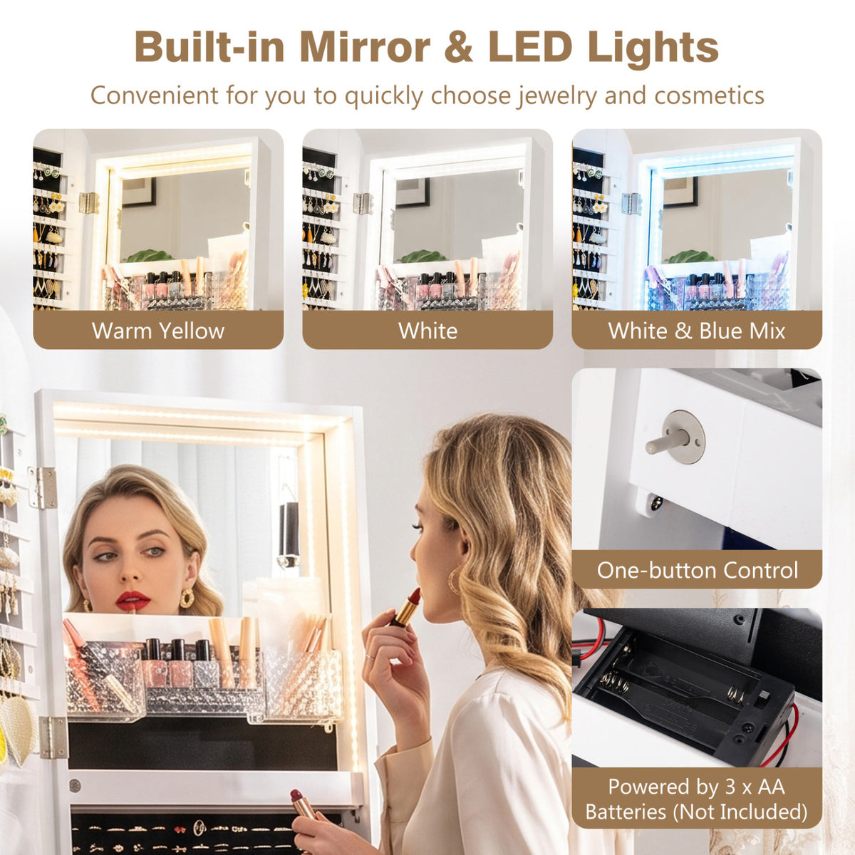 Swivel Jewelry Cabinet with Full-Length Mirror and LED Lights and Storage Shelves-White view 8