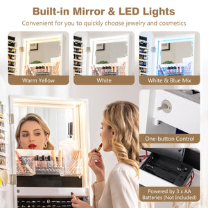 Swivel Jewelry Cabinet with Full-Length Mirror and LED Lights and Storage Shelves-White view 8