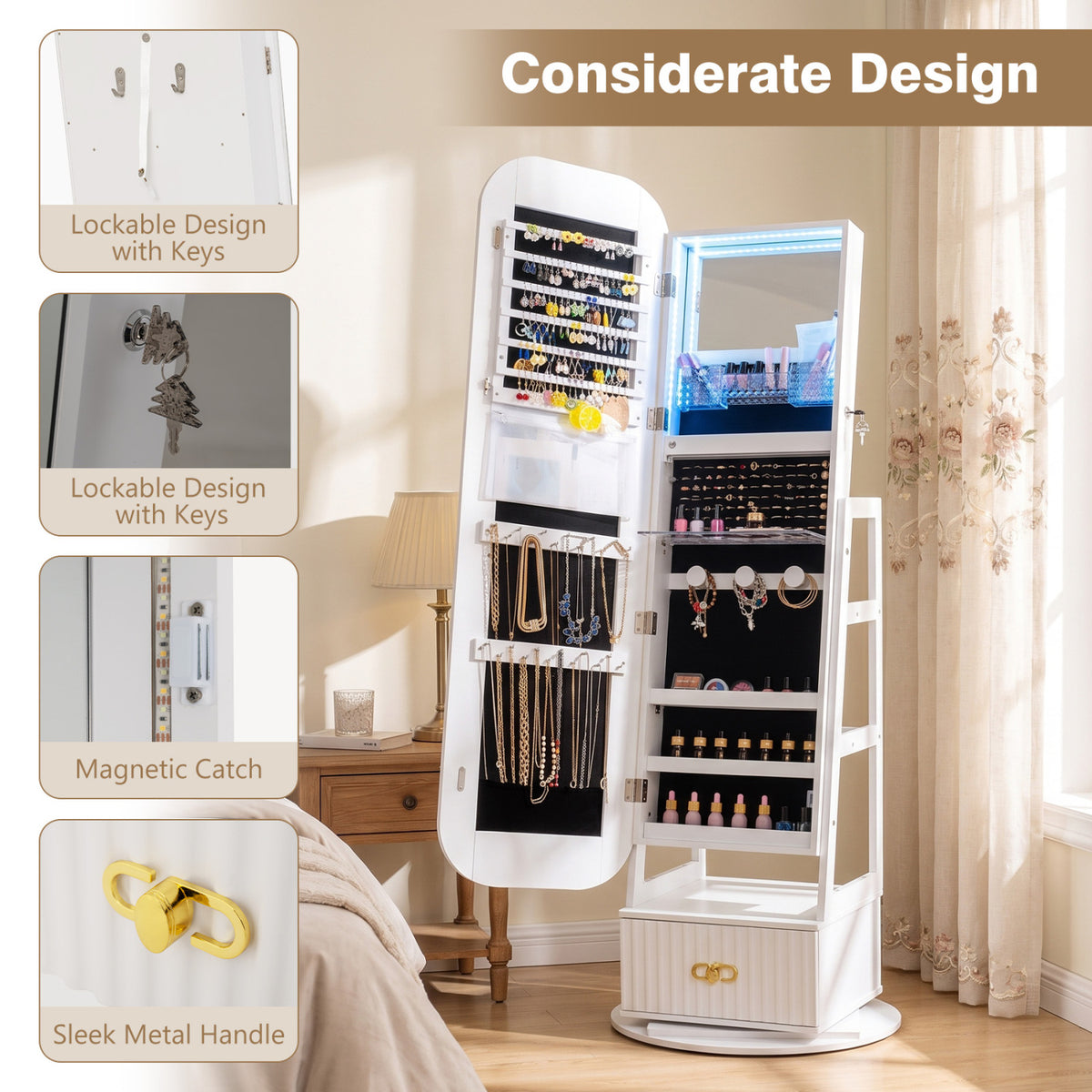 Swivel Jewelry Cabinet with Full-Length Mirror and LED Lights and Storage Shelves-White view 9