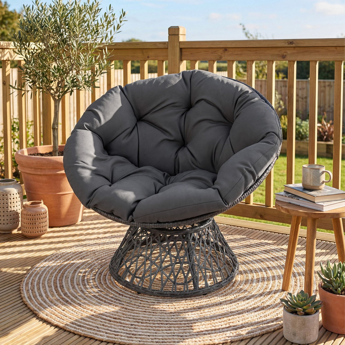 Swivel Papasan Chair Round Wicker Lounge Chair with Thick Cushion-Grey view 2