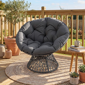 Swivel Papasan Chair Round Wicker Lounge Chair with Thick Cushion-Grey view 2