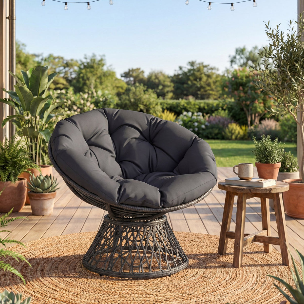 Swivel Papasan Chair Round Wicker Lounge Chair with Thick Cushion-Grey view 3