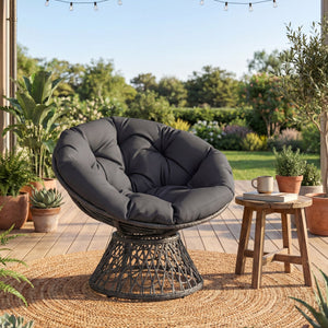 Swivel Papasan Chair Round Wicker Lounge Chair with Thick Cushion-Grey view 3