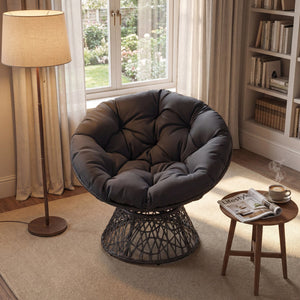 Swivel Papasan Chair Round Wicker Lounge Chair with Thick Cushion-Grey view 5