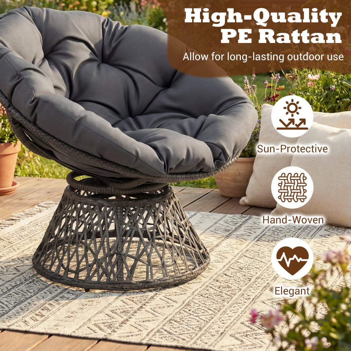 Swivel Papasan Chair Round Wicker Lounge Chair with Thick Cushion-Grey view 6