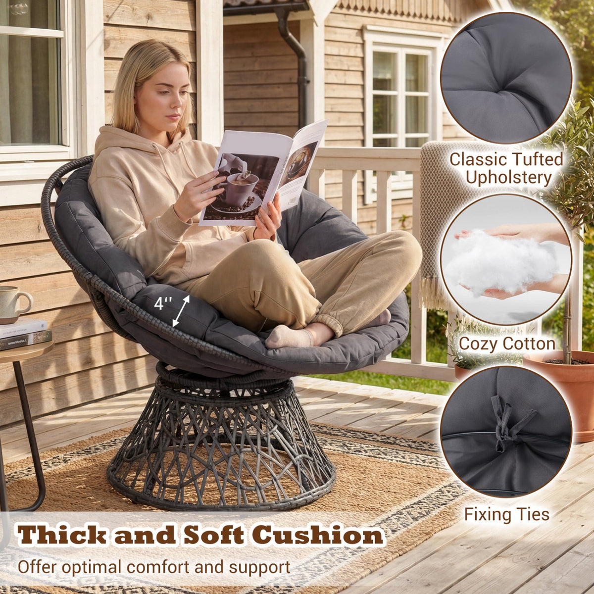 Swivel Papasan Chair Round Wicker Lounge Chair with Thick Cushion-Grey view 7