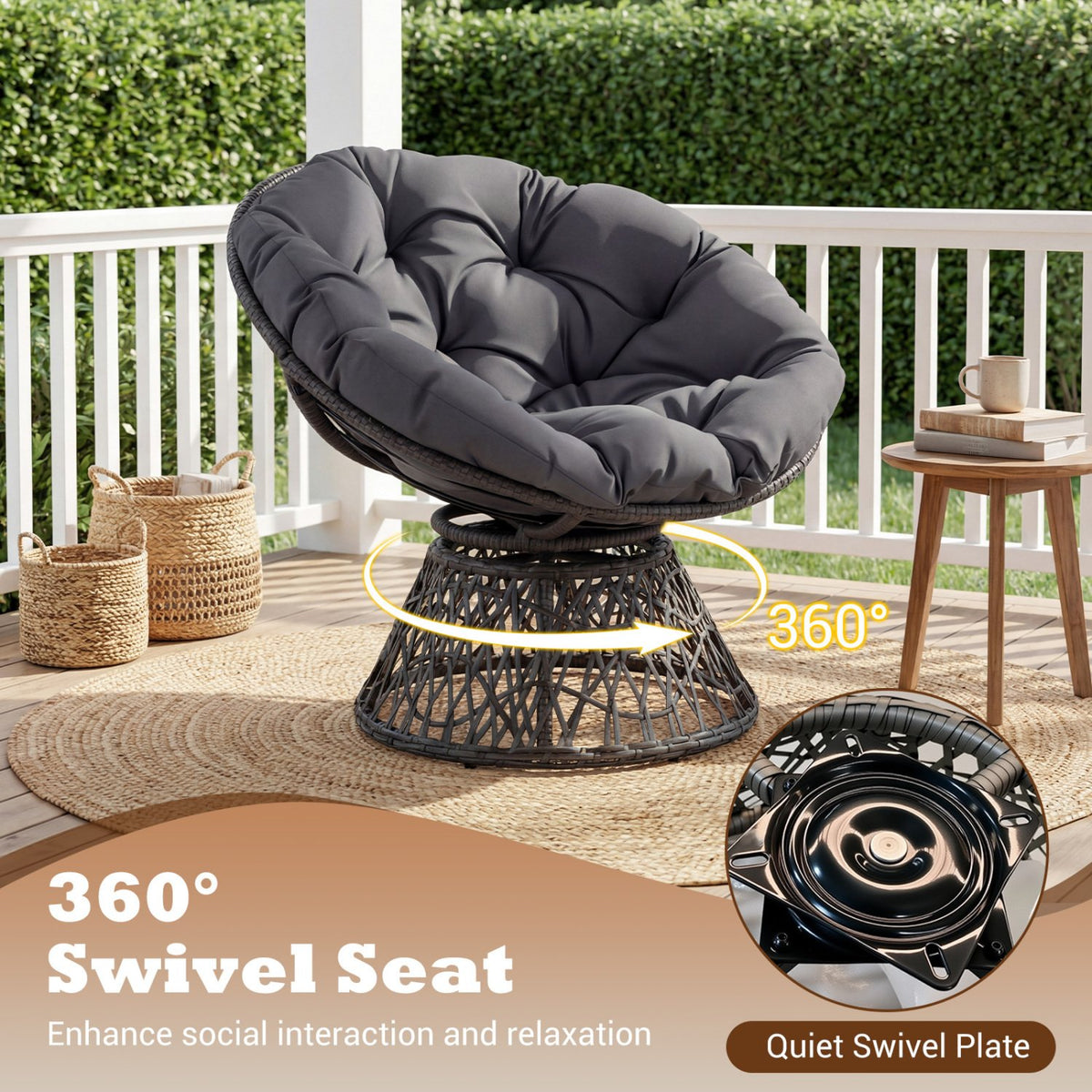 Swivel Papasan Chair Round Wicker Lounge Chair with Thick Cushion-Grey view 8