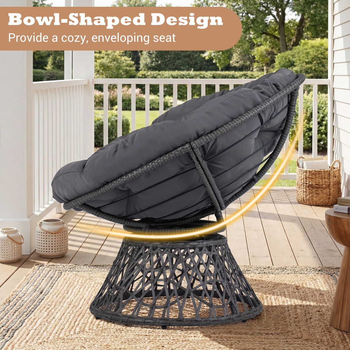 Swivel Papasan Chair Round Wicker Lounge Chair with Thick Cushion-Grey view 9