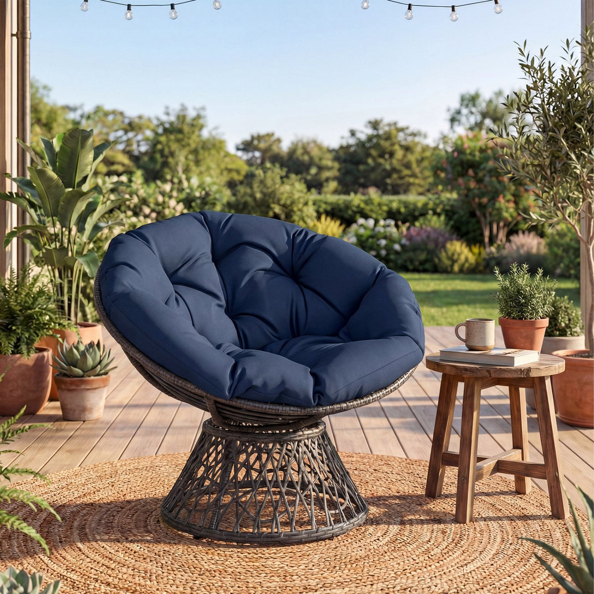 Swivel Papasan Chair Round Wicker Lounge Chair with Thick Cushion-Navy view 2
