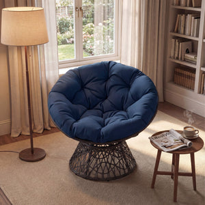 Swivel Papasan Chair Round Wicker Lounge Chair with Thick Cushion-Navy view 3