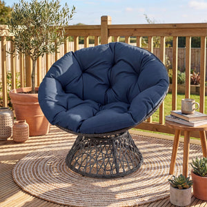 Swivel Papasan Chair Round Wicker Lounge Chair with Thick Cushion-Navy view 5
