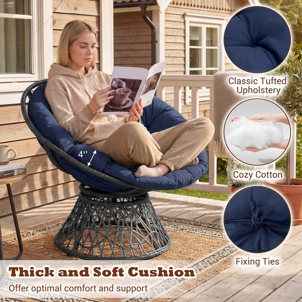 Swivel Papasan Chair Round Wicker Lounge Chair with Thick Cushion-Navy view 6
