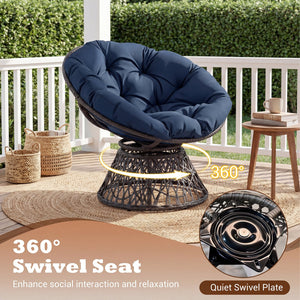 Swivel Papasan Chair Round Wicker Lounge Chair with Thick Cushion-Navy view 7