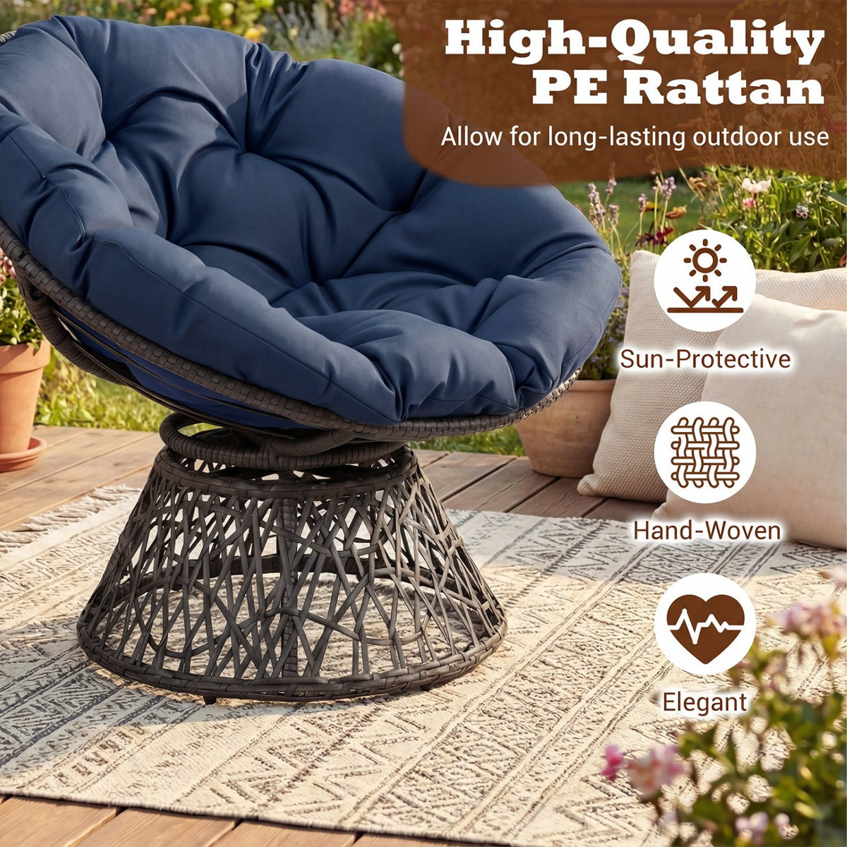 Swivel Papasan Chair Round Wicker Lounge Chair with Thick Cushion-Navy view 8