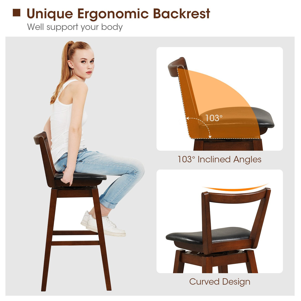 Swivel Upholstered PU Leather Stool with Backrest and Cushioned Seat-30.5 inches view 7