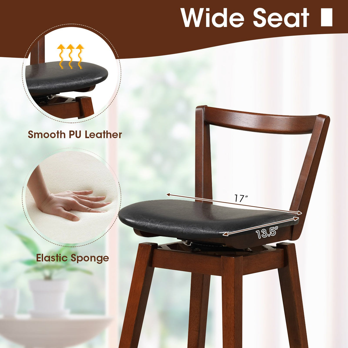 Swivel Upholstered PU Leather Stool with Backrest and Cushioned Seat-30.5 inches view 9