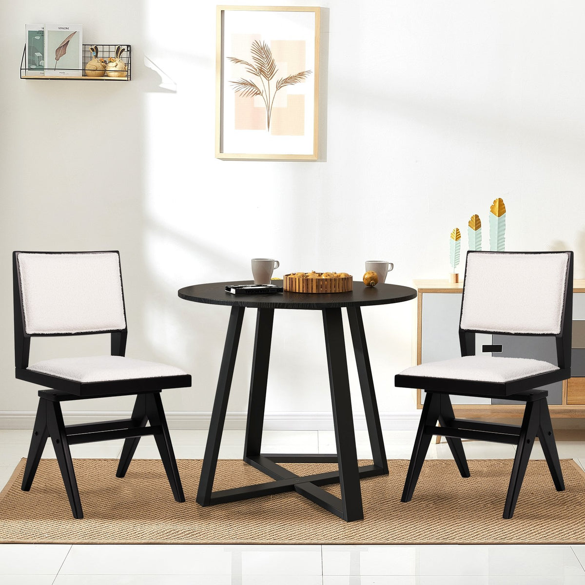 Swivel Wooden Dining Chair Set of 2 with Rubber Wood Frame and Padded Seat-Black view 2