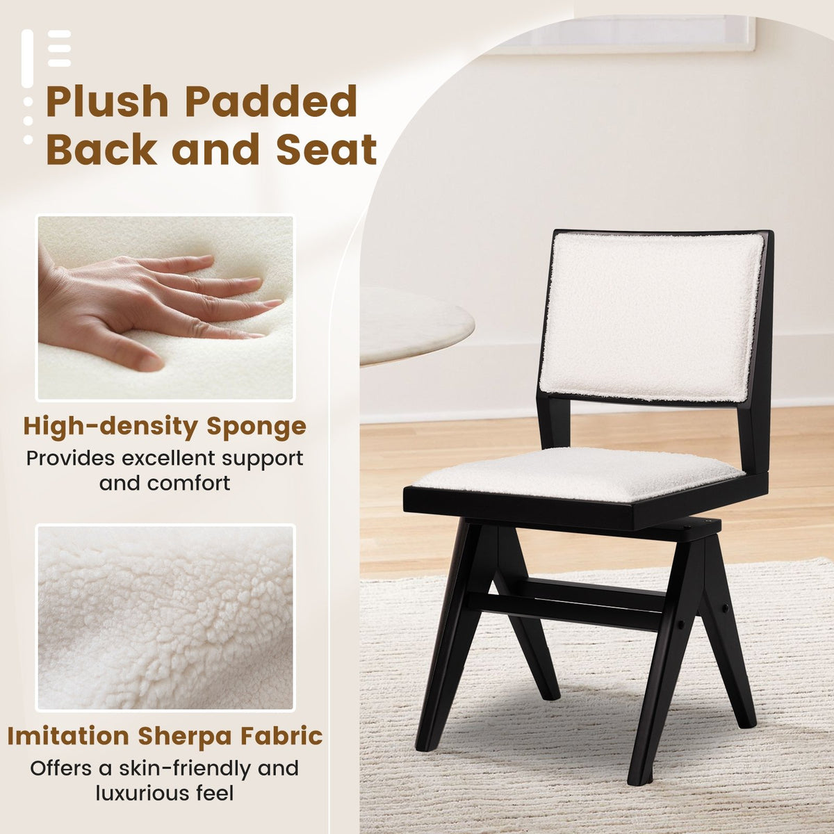 Swivel Wooden Dining Chair Set of 2 with Rubber Wood Frame and Padded Seat-Black view 5