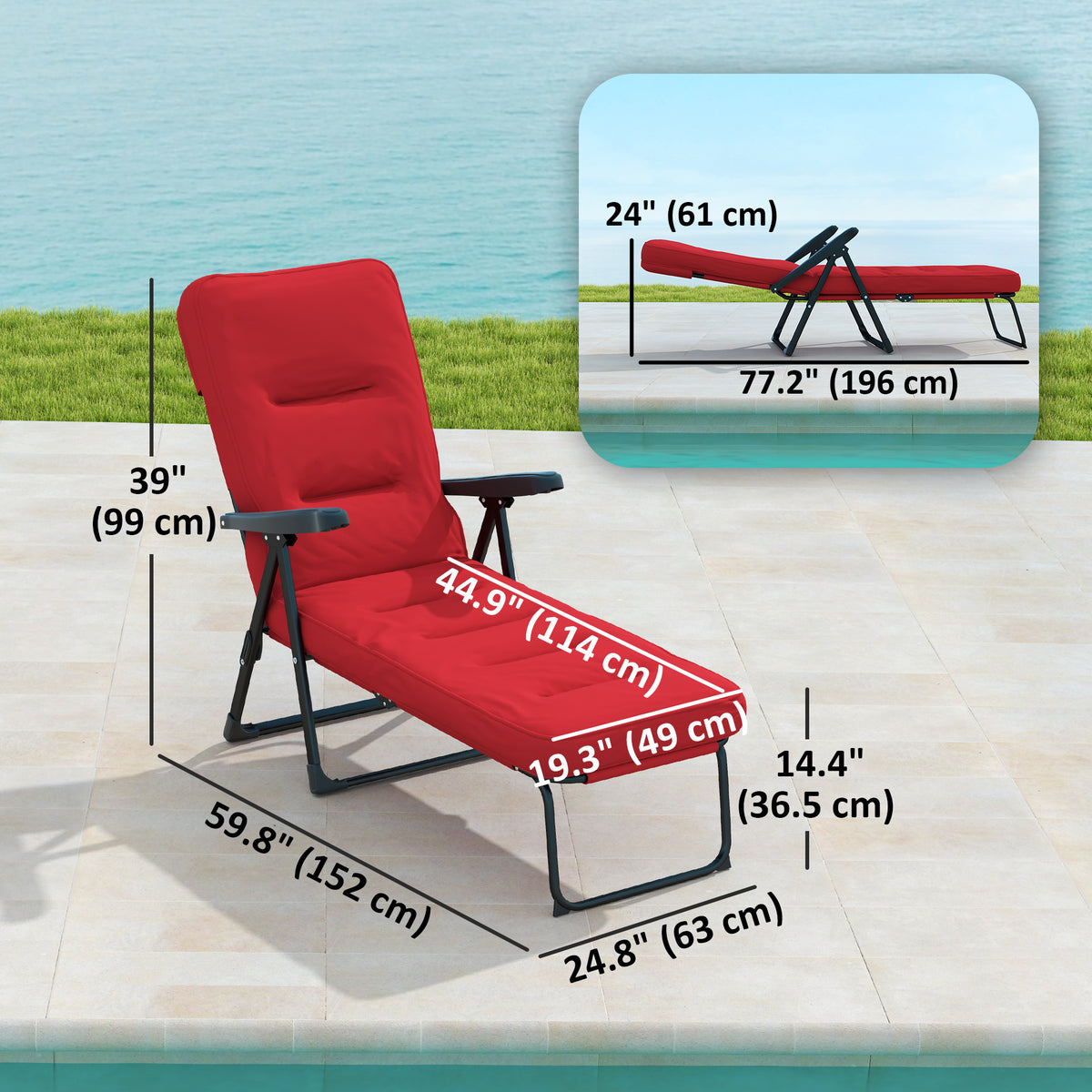 Outdoor Lounge Chair with Padded Cushion, Folding Reclining Patio Garden Chair with Recline Back, Footrest – view 23