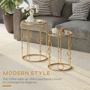 Round Coffee Tables Set of 2, Gold Nesting Side End Tables with Tempered Glass Top, Steel Frame for Living Room