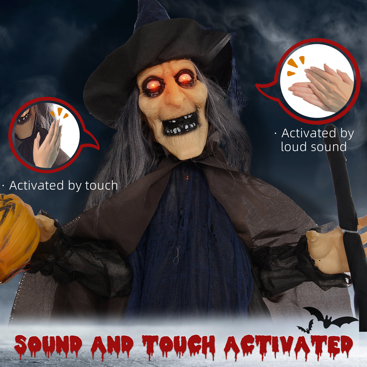 6.2' Life Size Decoration Animatronic Witch w/ Broomstick Outdoor Halloween, Sound & Motion Activated w/ Light Up Eyes