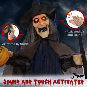 6.2' Life Size Decoration Animatronic Witch w/ Broomstick Outdoor Halloween, Sound & Motion Activated w/ Light Up Eyes