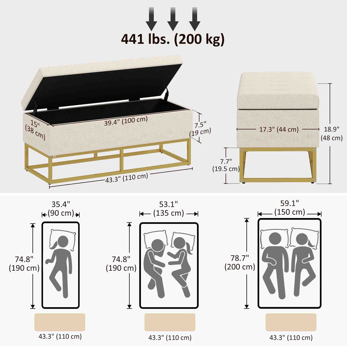 Storage Ottoman with Flip Top, Upholstered Storage Bench, Linen Fabric Footstool with Steel Legs for Living Room, Bedroom, Beige