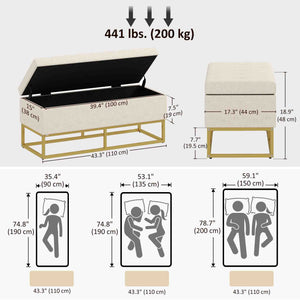 Storage Ottoman with Flip Top, Upholstered Storage Bench, Linen Fabric Footstool with Steel Legs for Living Room, Bedroom, Beige