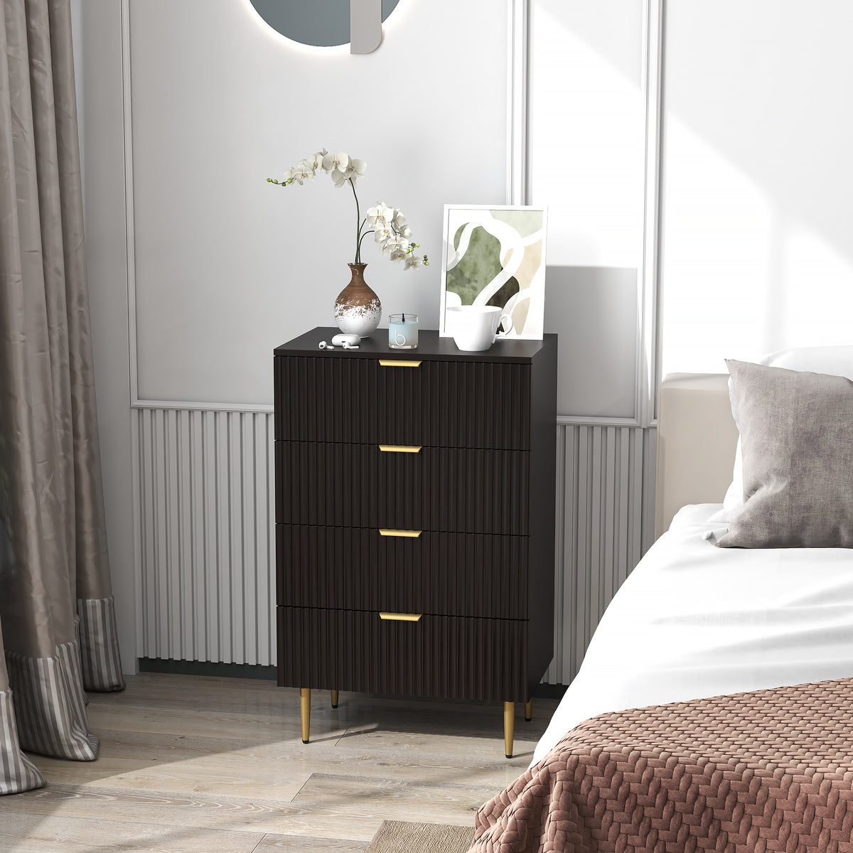 Modern Chest of Drawers 4 Drawer Dresser for Bedroom with Gold Legs and Handles, Black – view 6