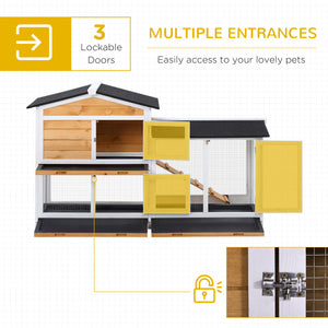 2-tier Wood Rabbit Hutch Backyard Bunny Cage Small Animal House w/ Ramp and Outdoor Run, Yellow – view 3