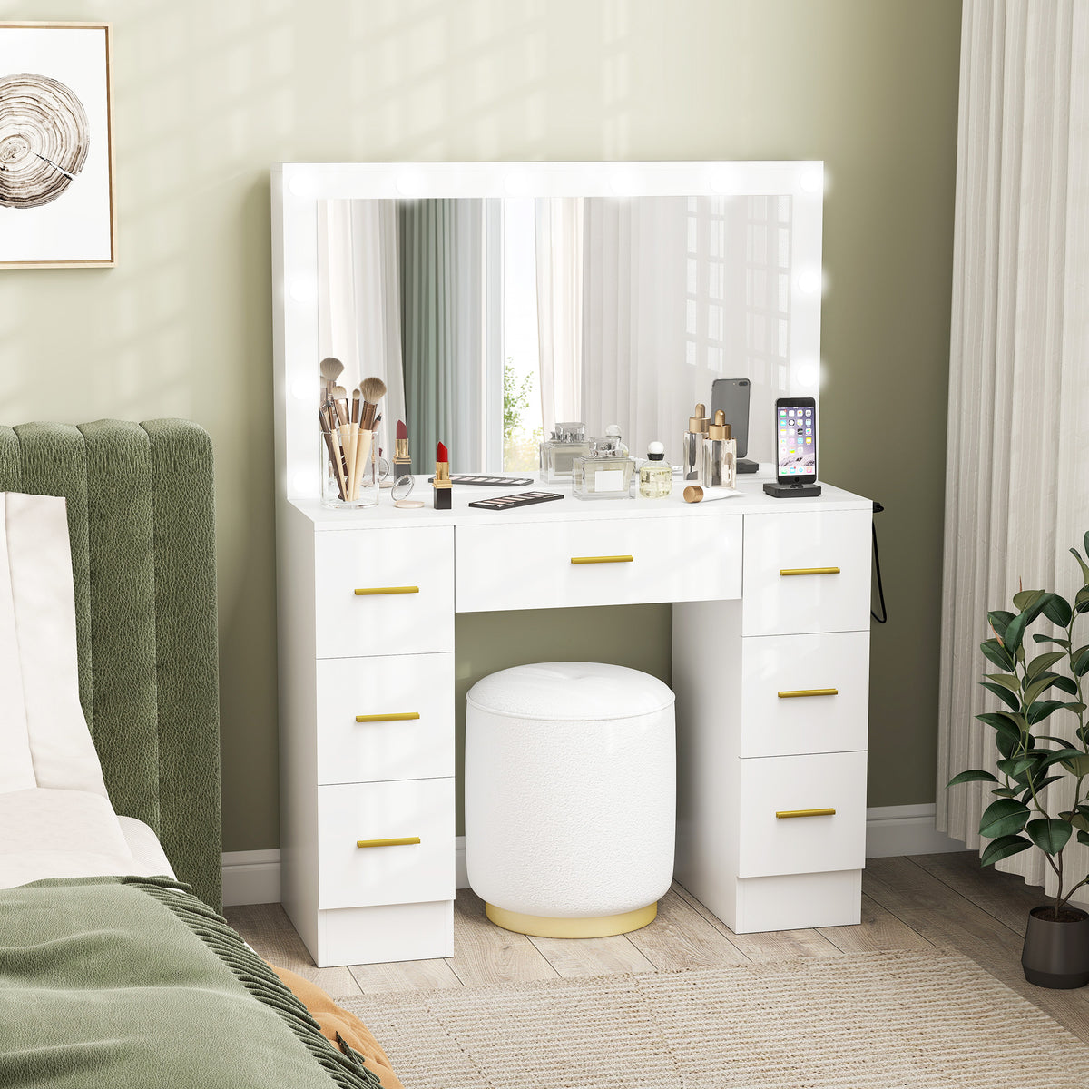 Makeup Vanity Desk with Mirror and Lights, Dressing Table with 7 Drawers, 6 Hidden Sliding Storage Compartments, White