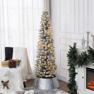 5ft Artificial Prelit Christmas Tree with Warm White LED Light, Snow Flocked Branches, Metal Base, Pencil Xmas Tree