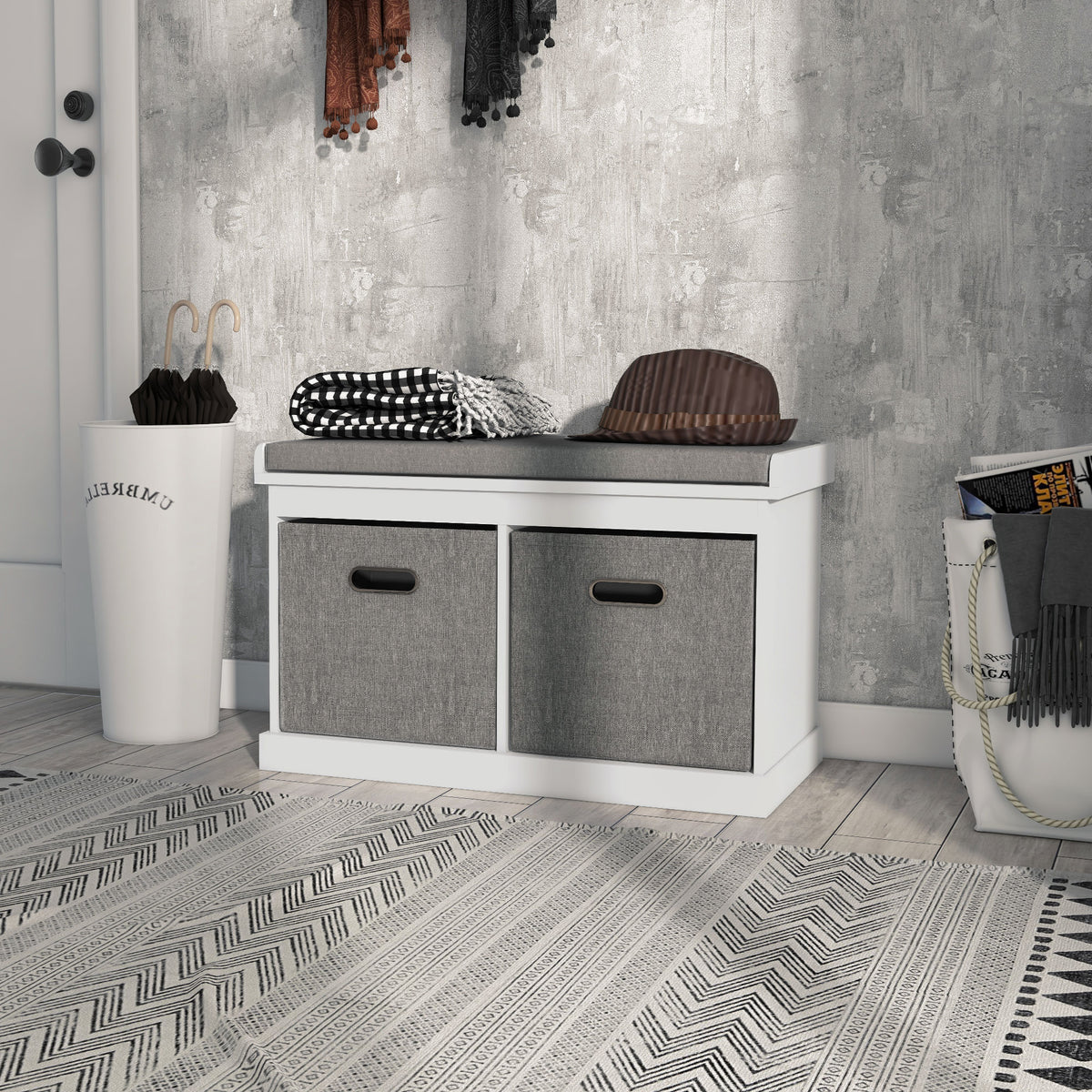 Shoe Storage Bench with Seat, Entryway Bench Seat with Cushion, 2 Fabric Drawers for Hallway, White