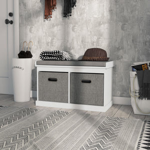 Shoe Storage Bench with Seat, Entryway Bench Seat with Cushion, 2 Fabric Drawers for Hallway, White