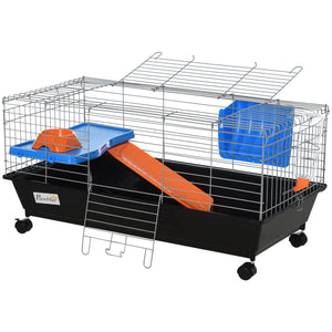 Small Animal Cage, Rolling Bunny Cage, Guinea Pig Cage with Food Dish, Water Bottle, Hay Feeder, Platform