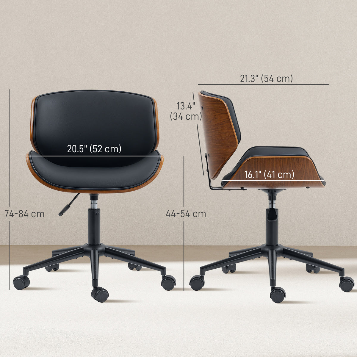 Mid-Century Modern Office Chair No Arms with Wheels, Small Computer Desk Chair with PU Leather Upholstery, Bentwood