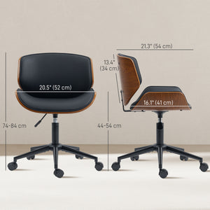 Mid-Century Modern Office Chair No Arms with Wheels, Small Computer Desk Chair with PU Leather Upholstery, Bentwood