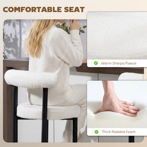 Bar Stools Set of 2, Sherpa Upholstered Barstools with Backrest, Bar Height Stools with Footrest for Kitchen Island