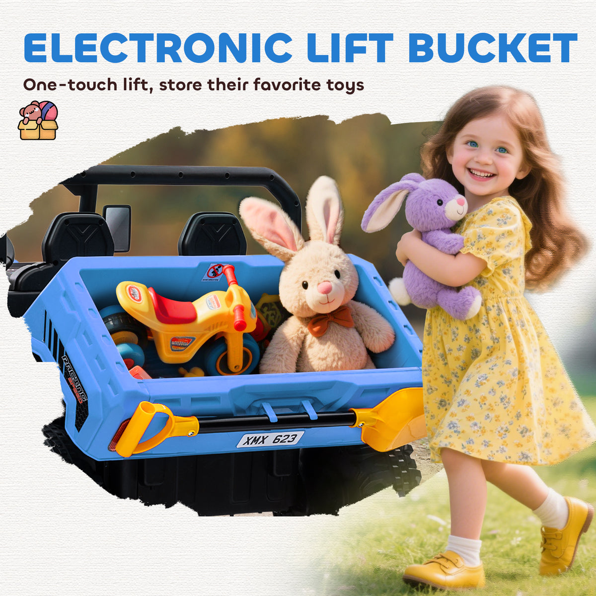 Aosom 12V Ride on Car with Electric Bucket, Two-Seater, Shovel, Remote Control, Spring Suspension, Horn, Music