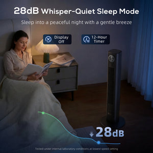 28dB Tower Fan with 12 Speeds and 4 Modes, Standing Floor Fan with 80° Oscillating, 12H Timer, Black