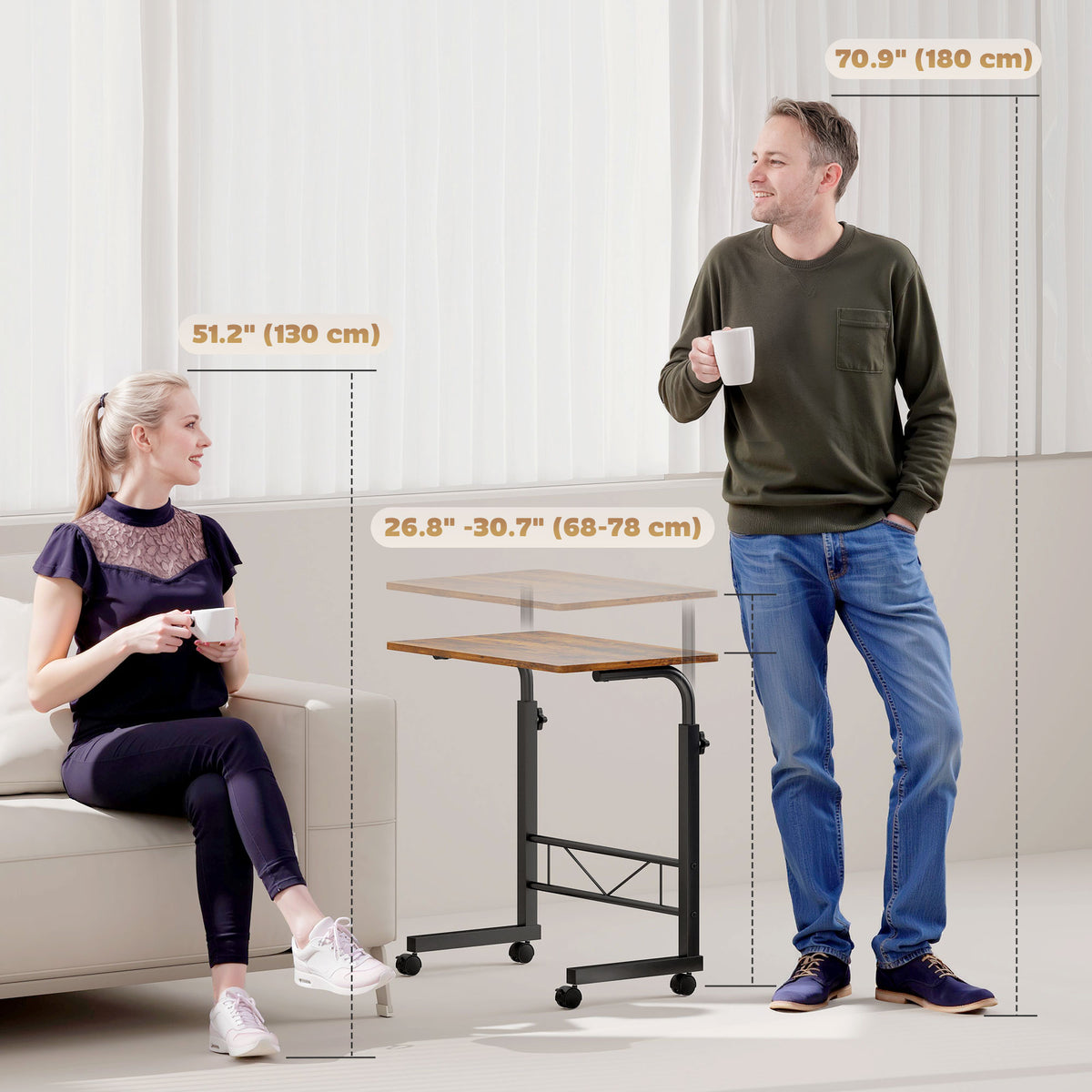 Mobile Standing Desk with Adjustable Height, 23.5 inch Stand Up Desk with Wheels, Natural Wood