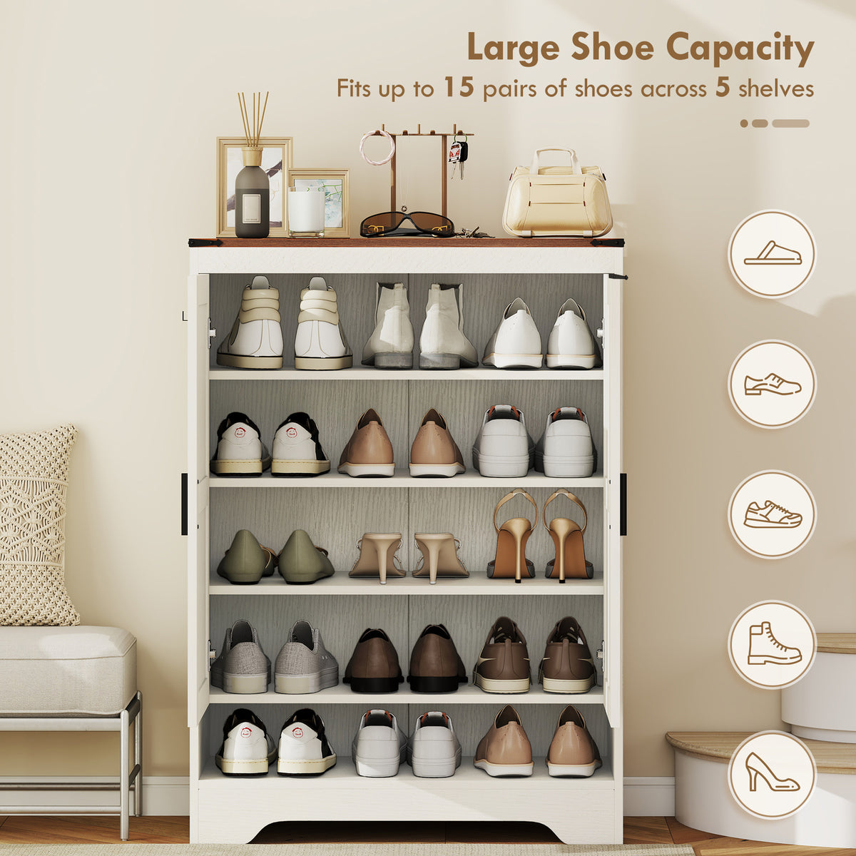 5-Tier Shoe Storage Cabinet for 15 Pairs, Freestanding Farmhouse Shoe Cabinet, White