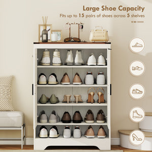 5-Tier Shoe Storage Cabinet for 15 Pairs, Freestanding Farmhouse Shoe Cabinet, White