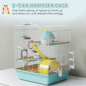 3-Level Hamster Cage with Exercise Wheel, Play Tube, Water Bottle, Food Dish, Hut, Ladder, Blue