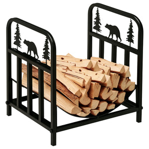 Curved Firewood Rack with Bear and Pine Tree Design, 17 Inch Log Holder Storage Rack with 110 lbs. Capacity, Black