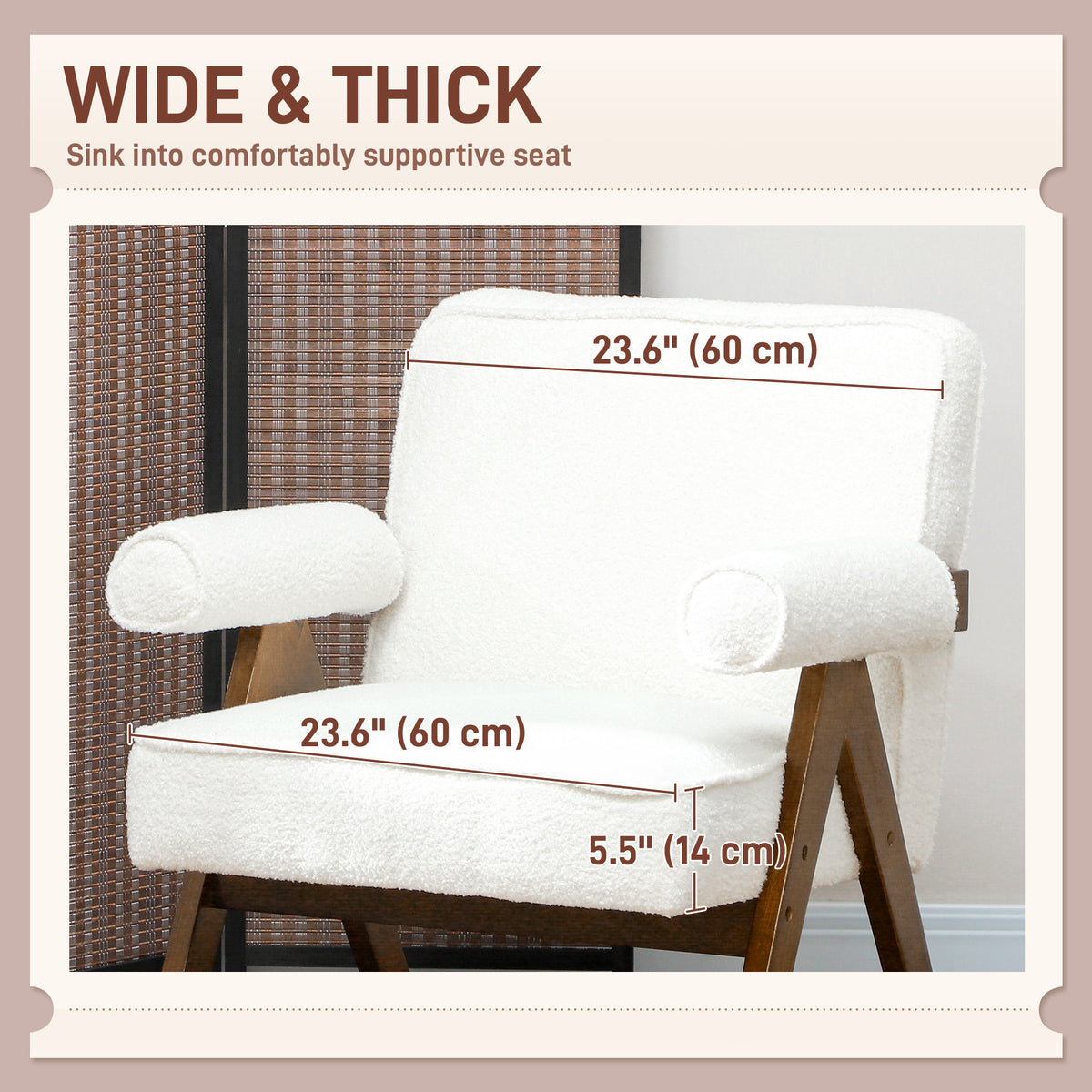 Cashmere Accent Chair Armchair with Wide Seat and Soft Padded Armrests for Reading, Bedroom, Cream White – view 3