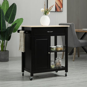 Rolling Kitchen Cart with Wood Top and Drawer, Kitchen Island on Wheels for Dining Room, Black | Aosom Canada