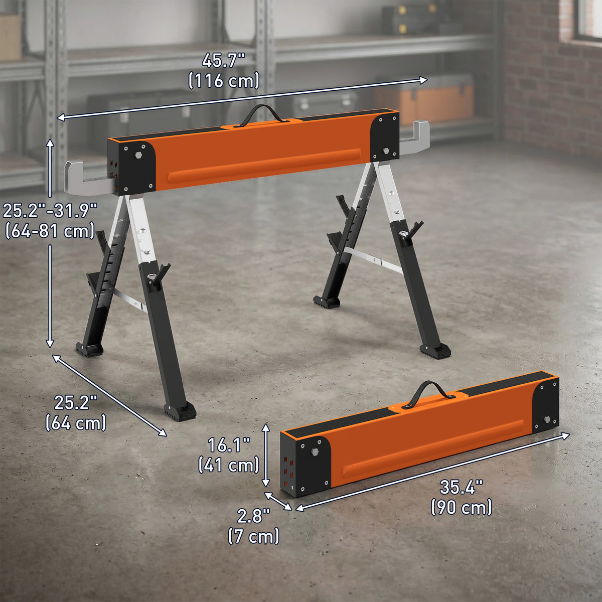Saw Horses 2 Pack, Folding Heavy Duty Sawhorses with Adjustable Height and 2x6 Bracket, Carry Handle, Orange