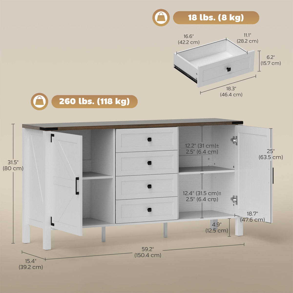 59" Buffet Cabinet, Farmhouse Sideboard with Thick Top, 2 Barn Doors, 4 Drawers and 2 Adjustable Shelves, Grey