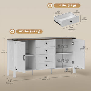 59" Buffet Cabinet, Farmhouse Sideboard with Thick Top, 2 Barn Doors, 4 Drawers and 2 Adjustable Shelves, Grey
